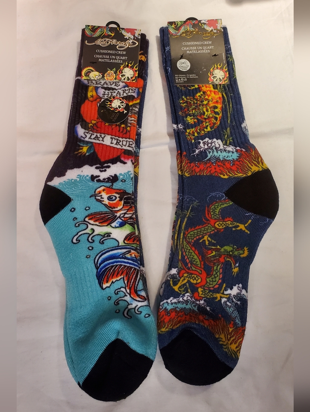 303. NEW - Ed Hardy Koi & Dragon Cushioned Crew Socks - 2 Pair
